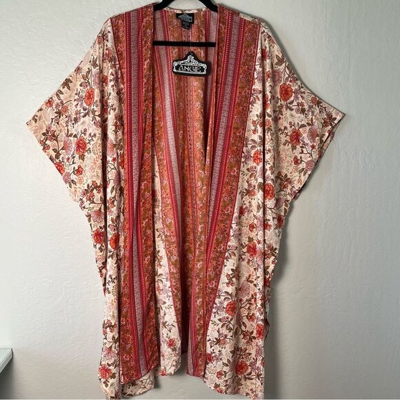 Angie Tops - NWT Angie Orange and Cream Floral Open Front Kimono Boho Layering Piece Size L